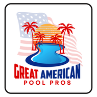 Great American Pool Pros logo with pool, palm trees, and American flag backdrop
