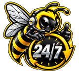 Cartoon bee mascot with thumbs up beside a black-and-yellow 24/7 clock icon