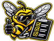 Cartoon bee with sunglasses giving thumbs-up beside a checklist clipboard