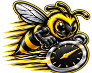 Stylized yellow-and-black bee racing past a stopwatch, symbolizing speed and urgency