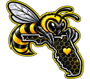 Yellow and black bee mascot gripping a honeycomb-shaped South Carolina outline with a small yellow heart