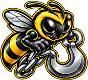 Cartoon yellow-and-black bee mascot holding a silver chain and hook