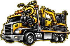 Yellow and black cartoon semi truck hauling construction equipment