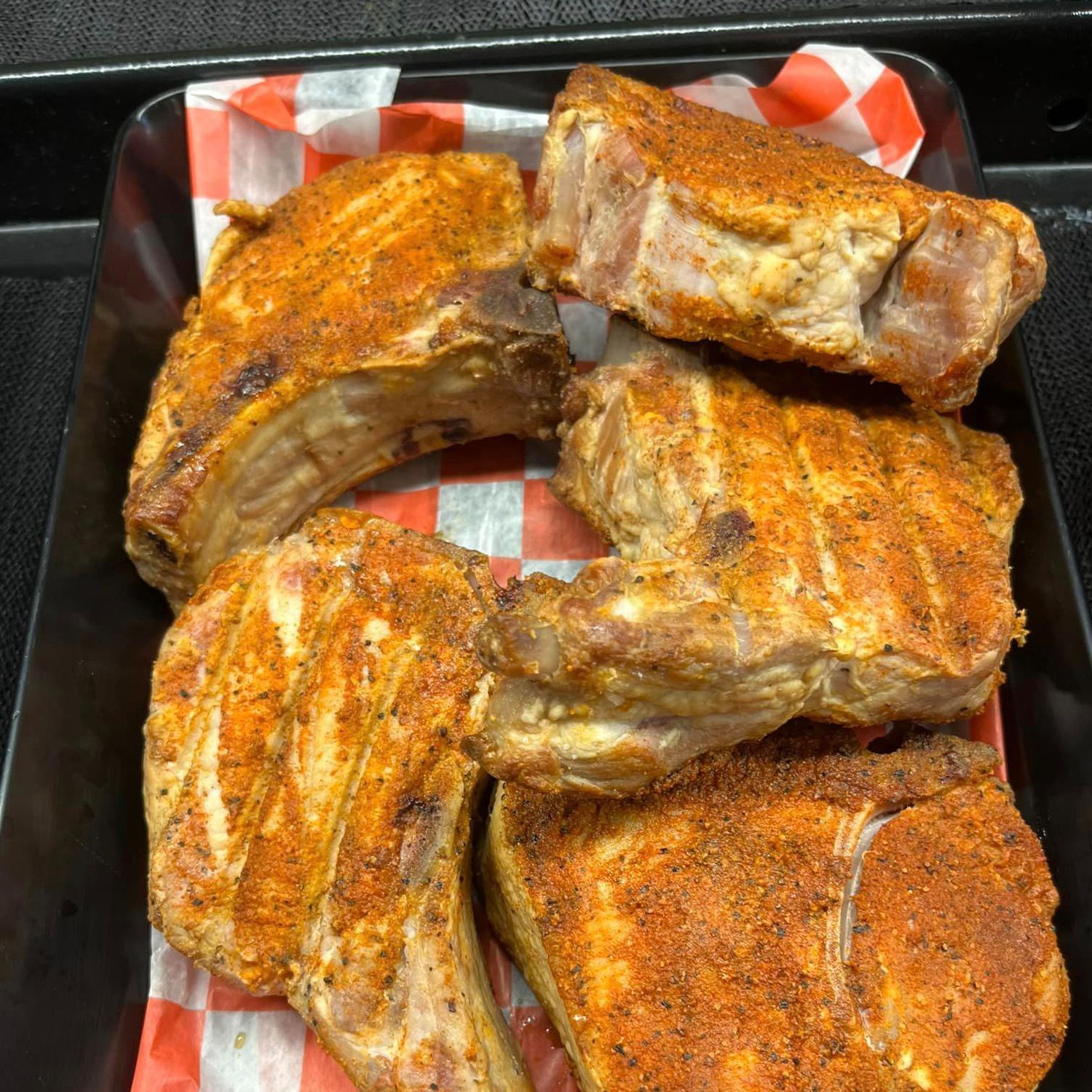 A tray of pork chops
