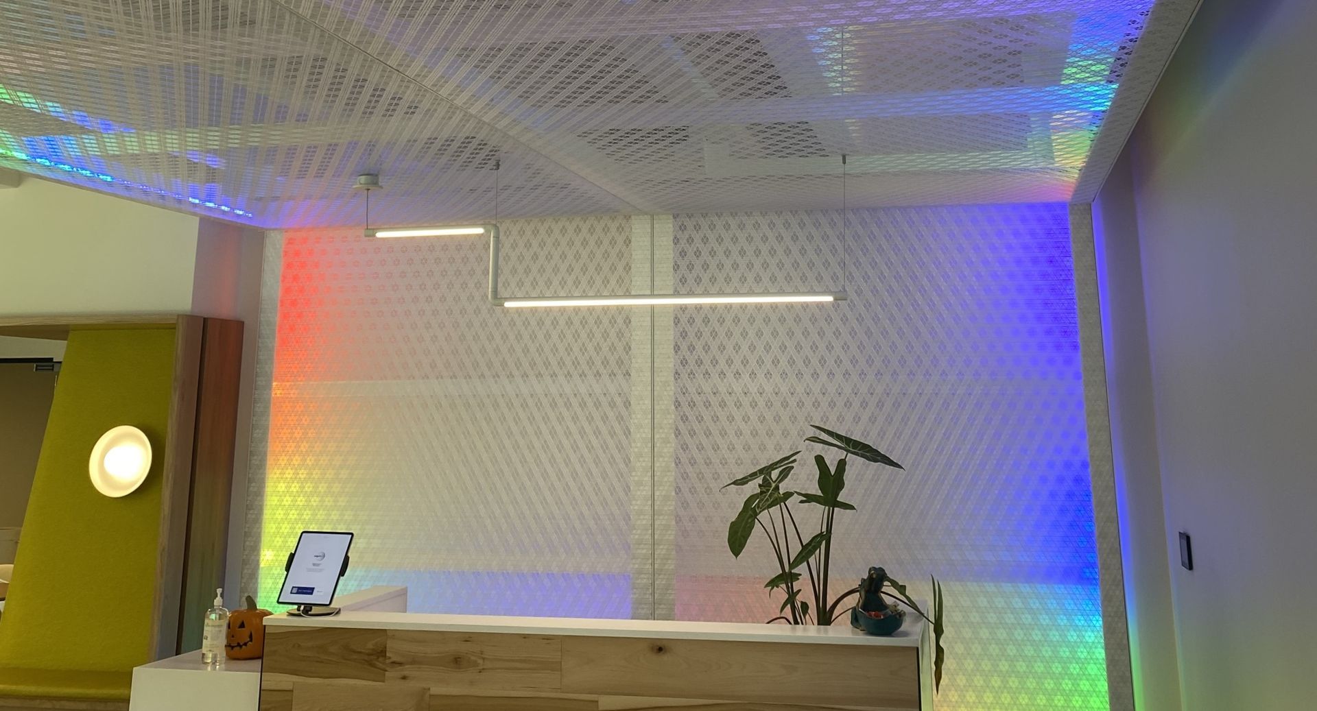 Reception desk with rainbow-colored light effect on walls and ceiling. Plant and tablet on desk.