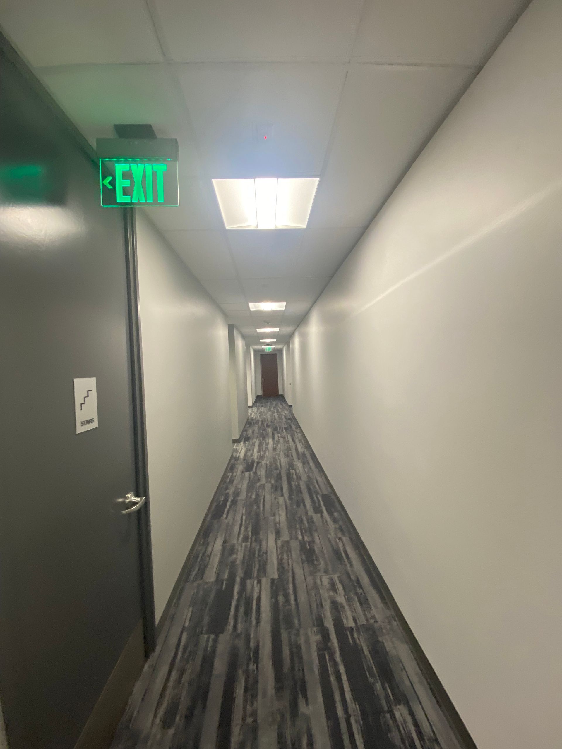 Long, narrow hallway with carpet. White walls, ceiling lights, exit sign above a door.