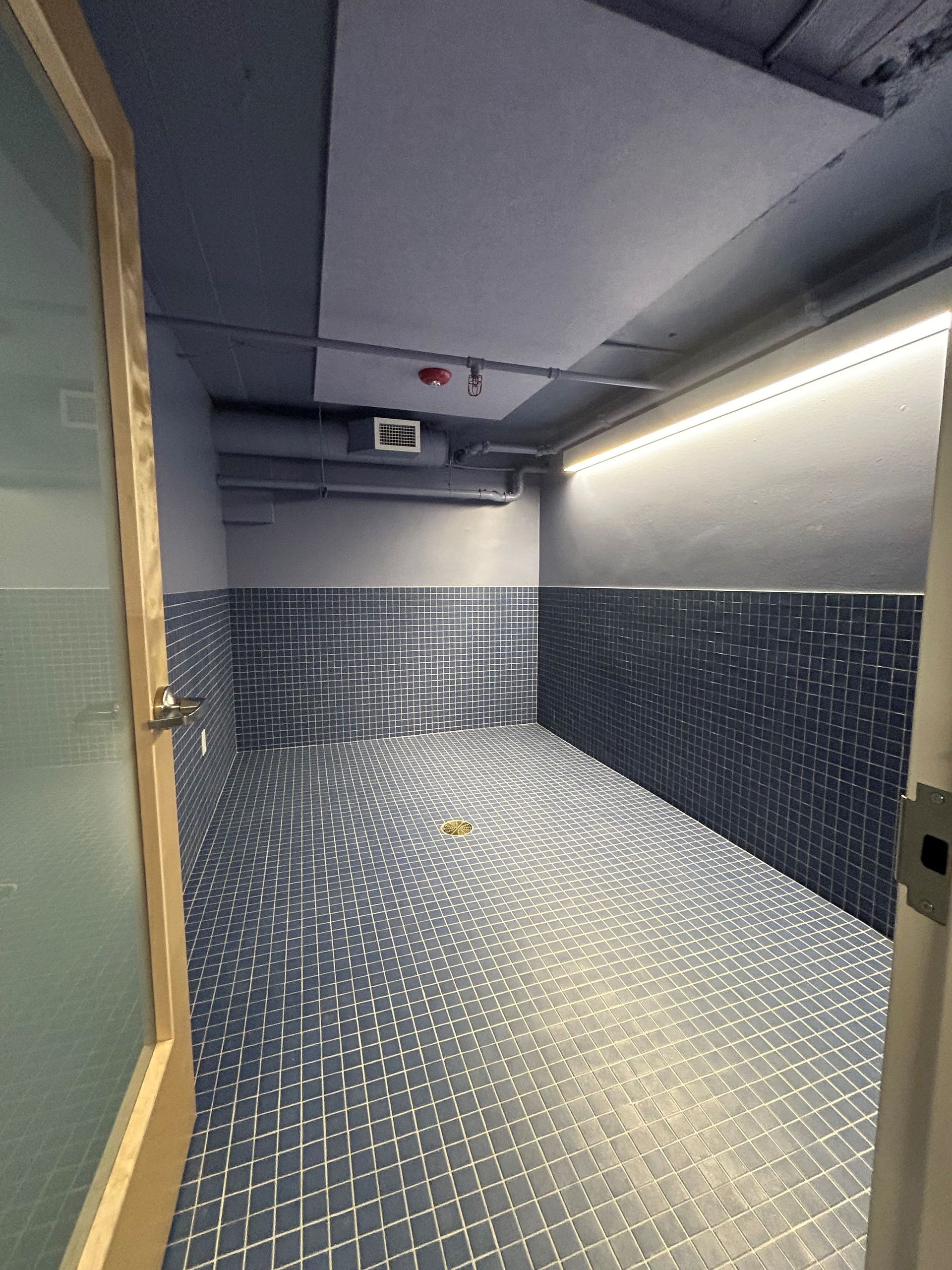 Small room with blue tiled walls and floor, lit by a strip light. A wooden door is partially visible on the left.