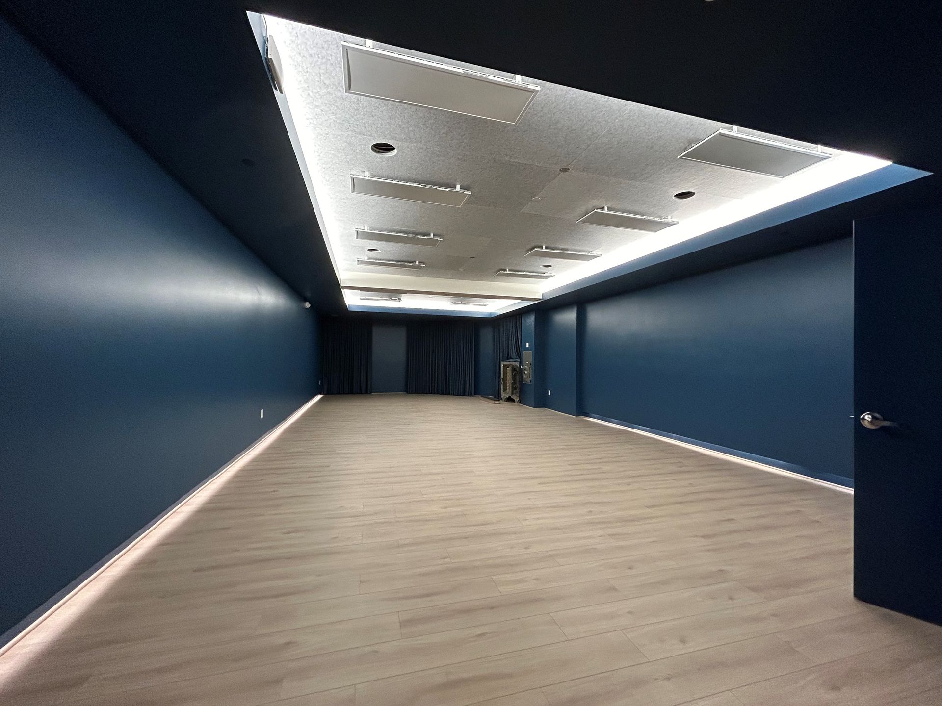 Empty room with blue walls, a white ceiling with lights, and wood-look flooring.