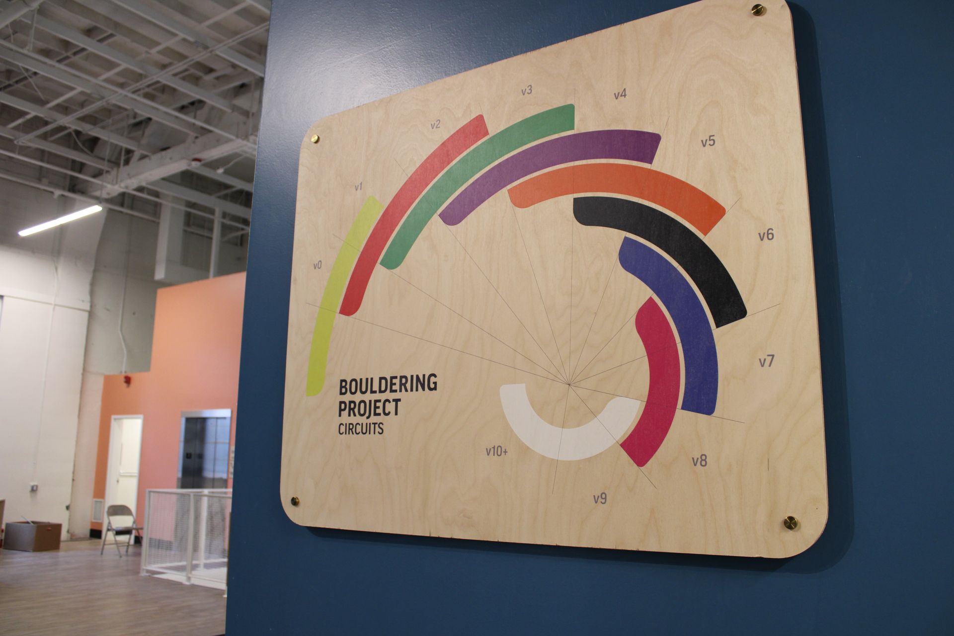 Wooden sign with colorful, arching bands, on a blue wall. Building Project logo is on the sign.