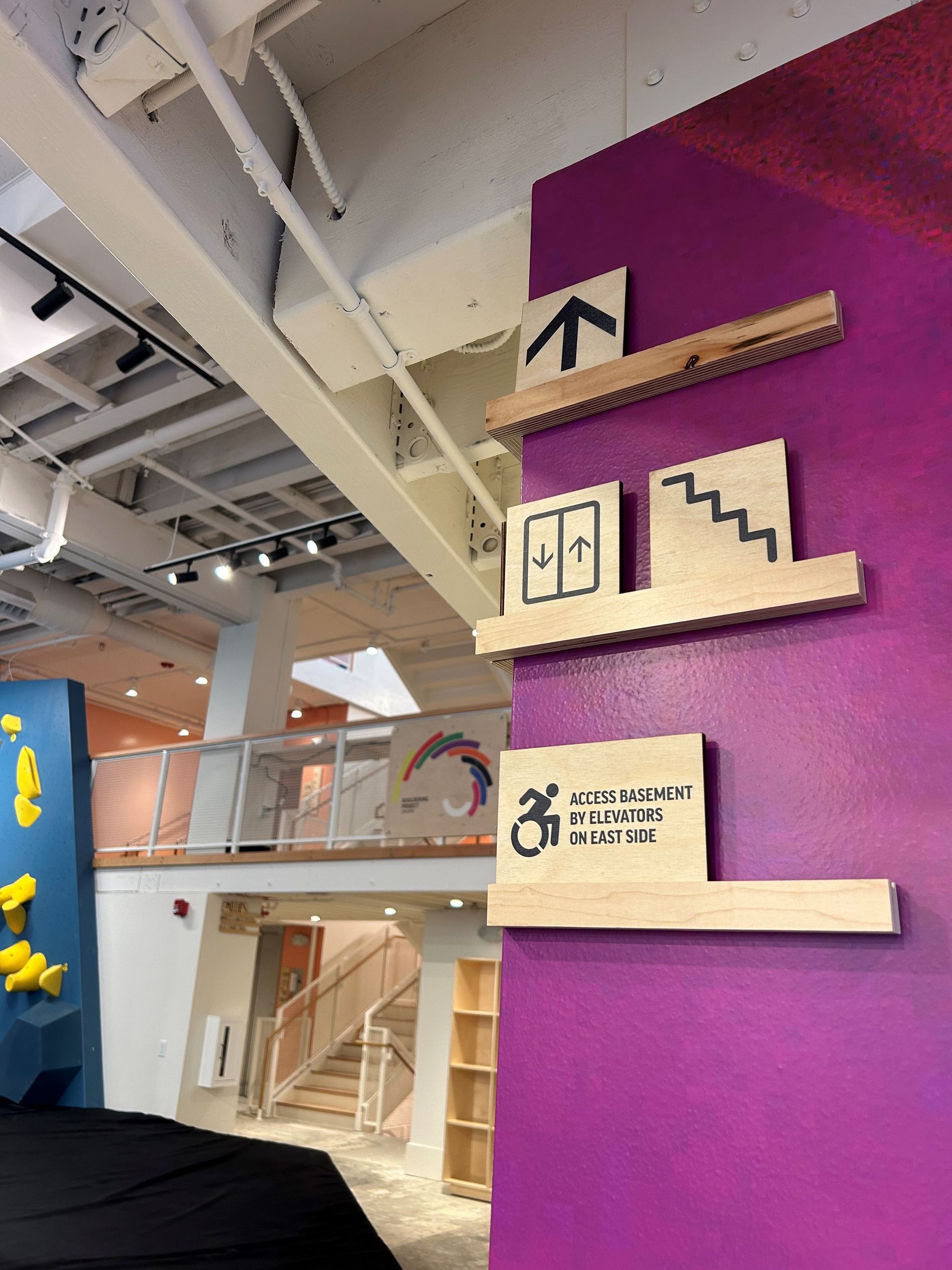 Signs on a purple wall indicate: arrow up, elevator and stairs, and accessibility symbol with text. Interior setting.