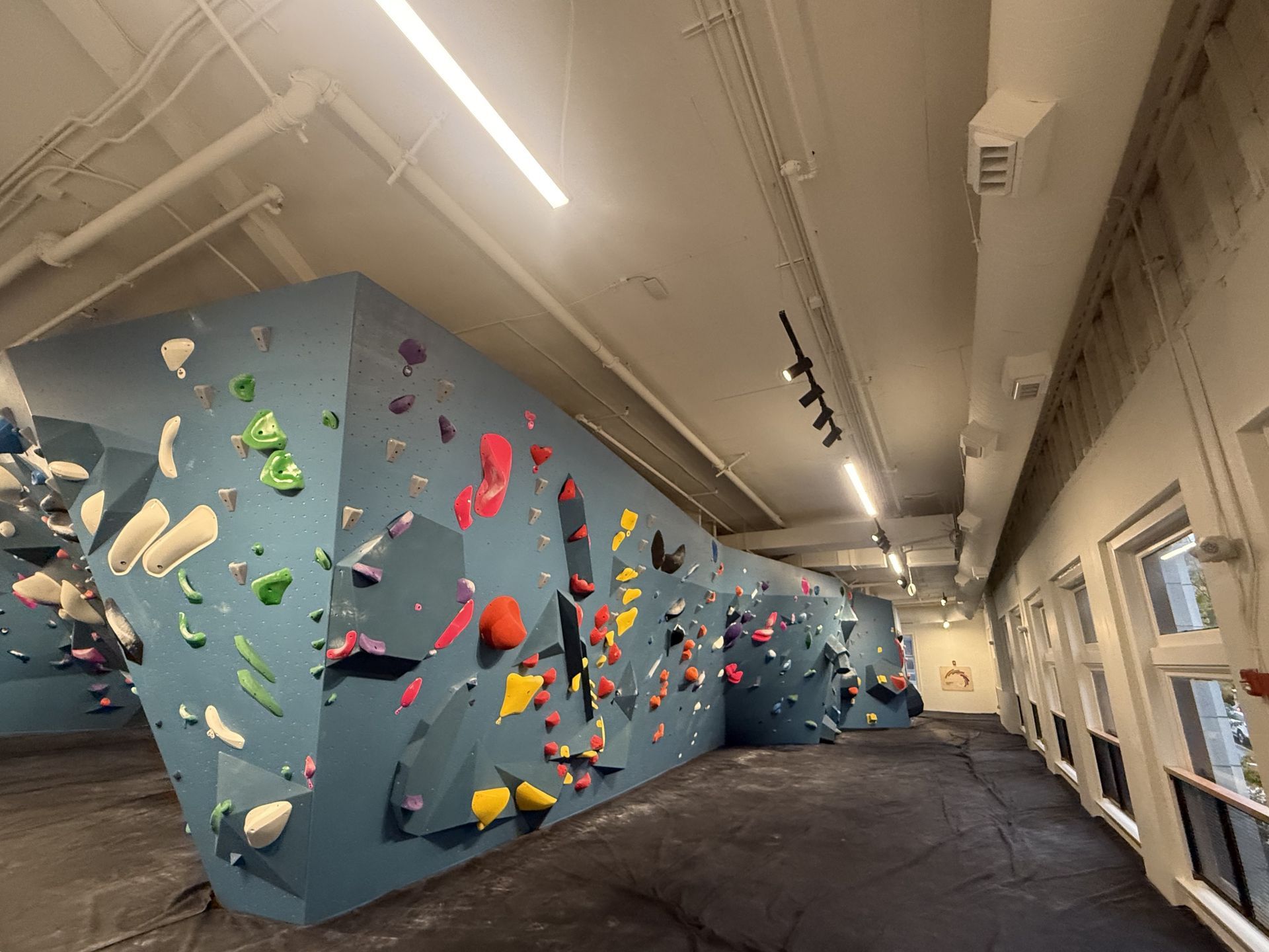 Indoor rock climbing gym with blue walls, colorful handholds, and black mats.