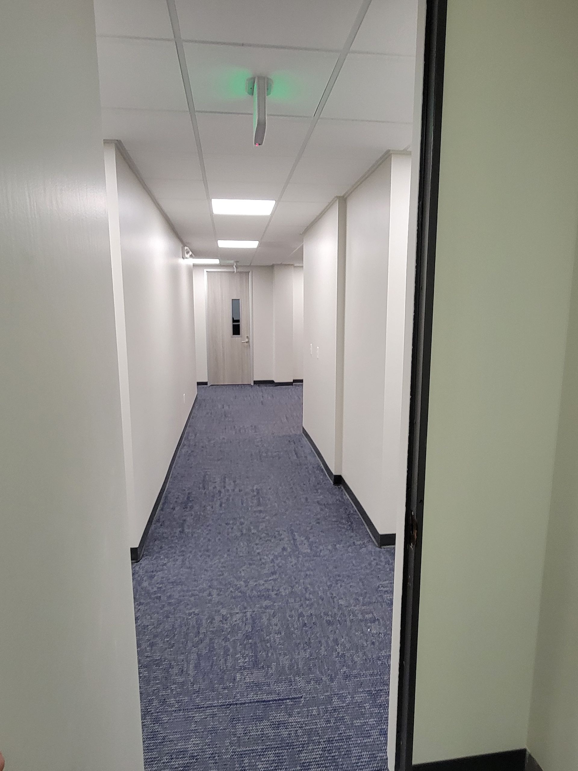 Hallway with white walls, blue carpet, and a door at the end. A green light hangs from the ceiling.