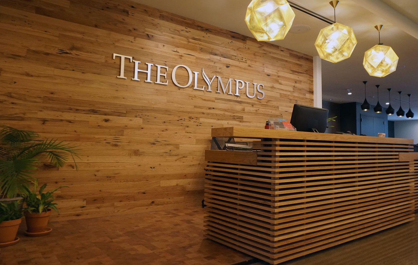 Reception desk at The Olympus with wooden wall, logo, and spherical lights.