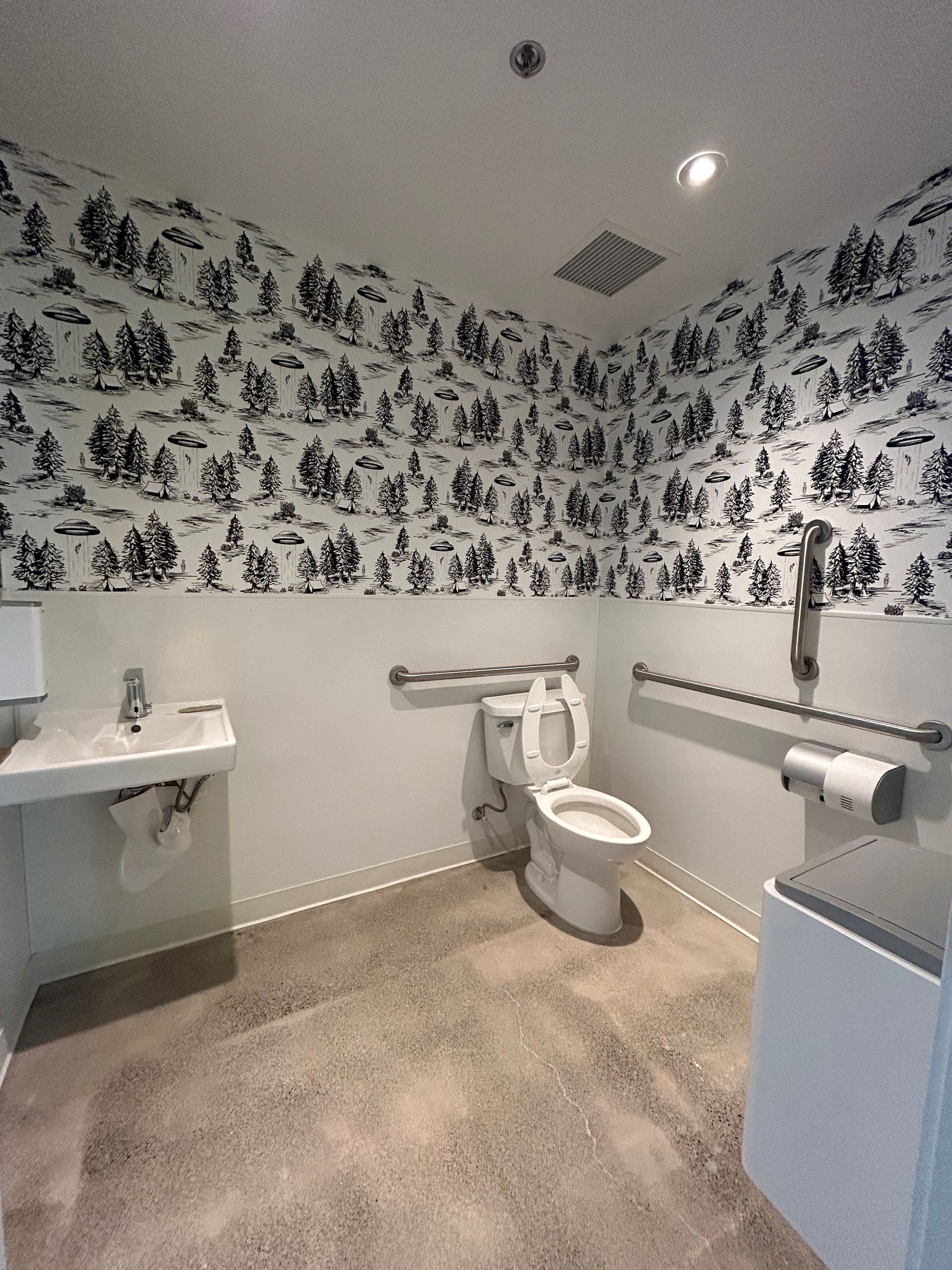 Accessible restroom with toilet, sink, and handrails. Black and white patterned wallpaper, concrete floor.
