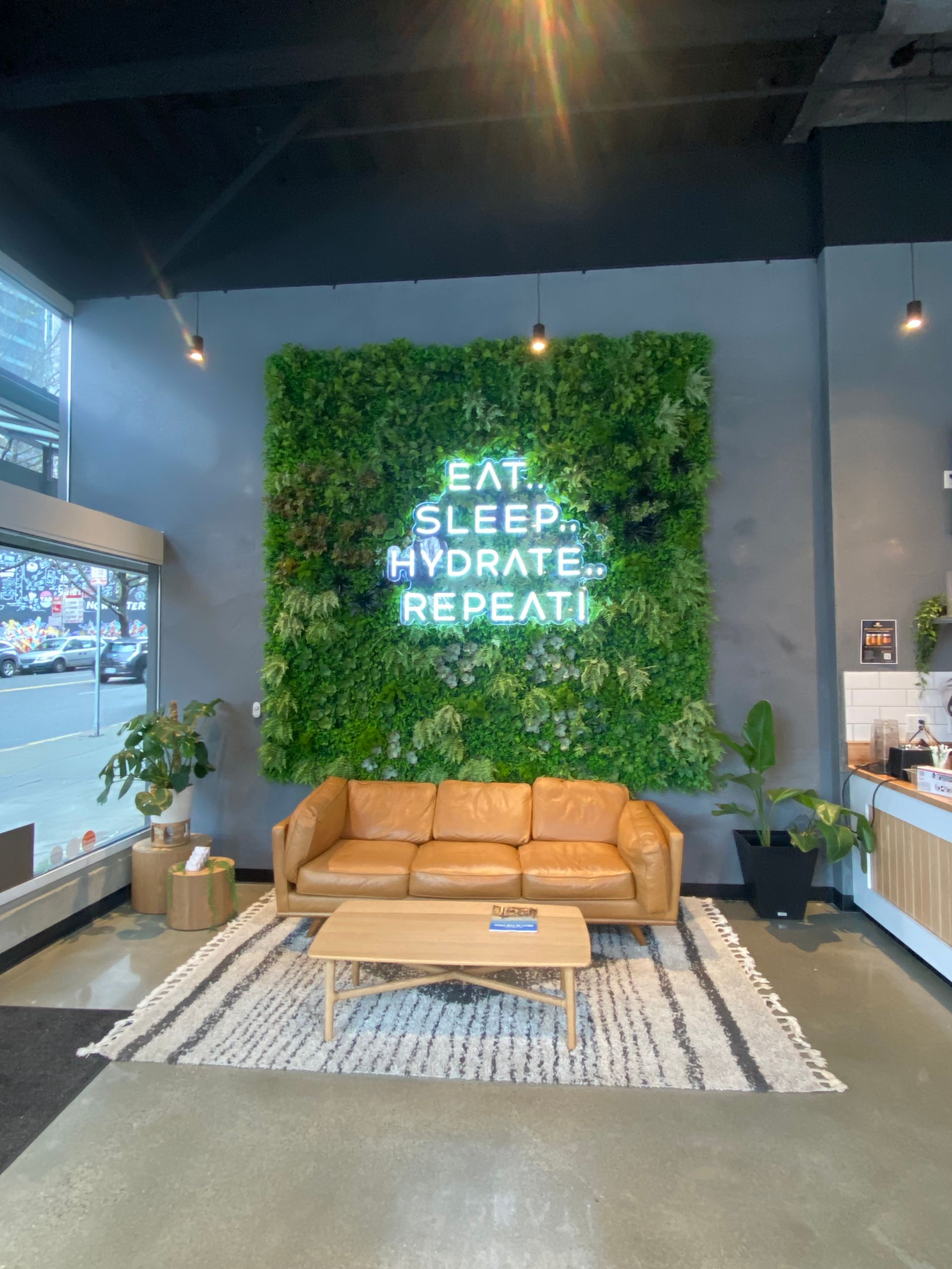 Interior with a living wall saying Eat. Sleep. Hydrate. Repeat! over a tan couch and rug.