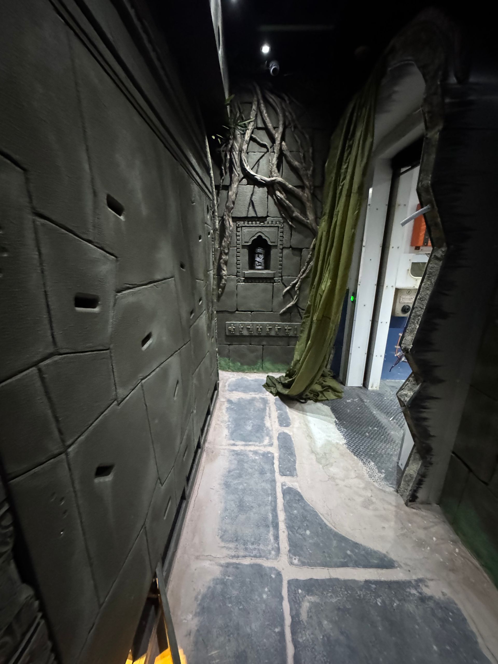 Dark, themed hallway with stone walls, a doorway with green fabric, and a small alcove.