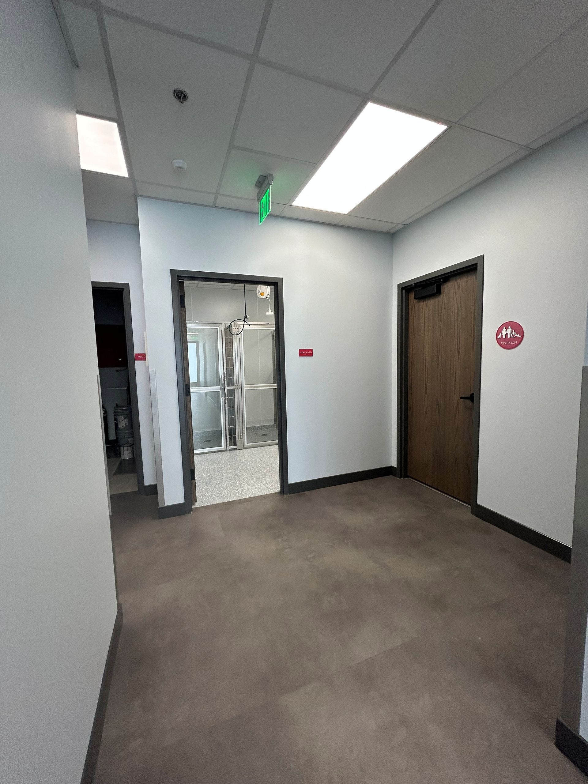 Hallway with doors, including one open to a shower room. Gray walls, brown floor, and bright overhead lights.