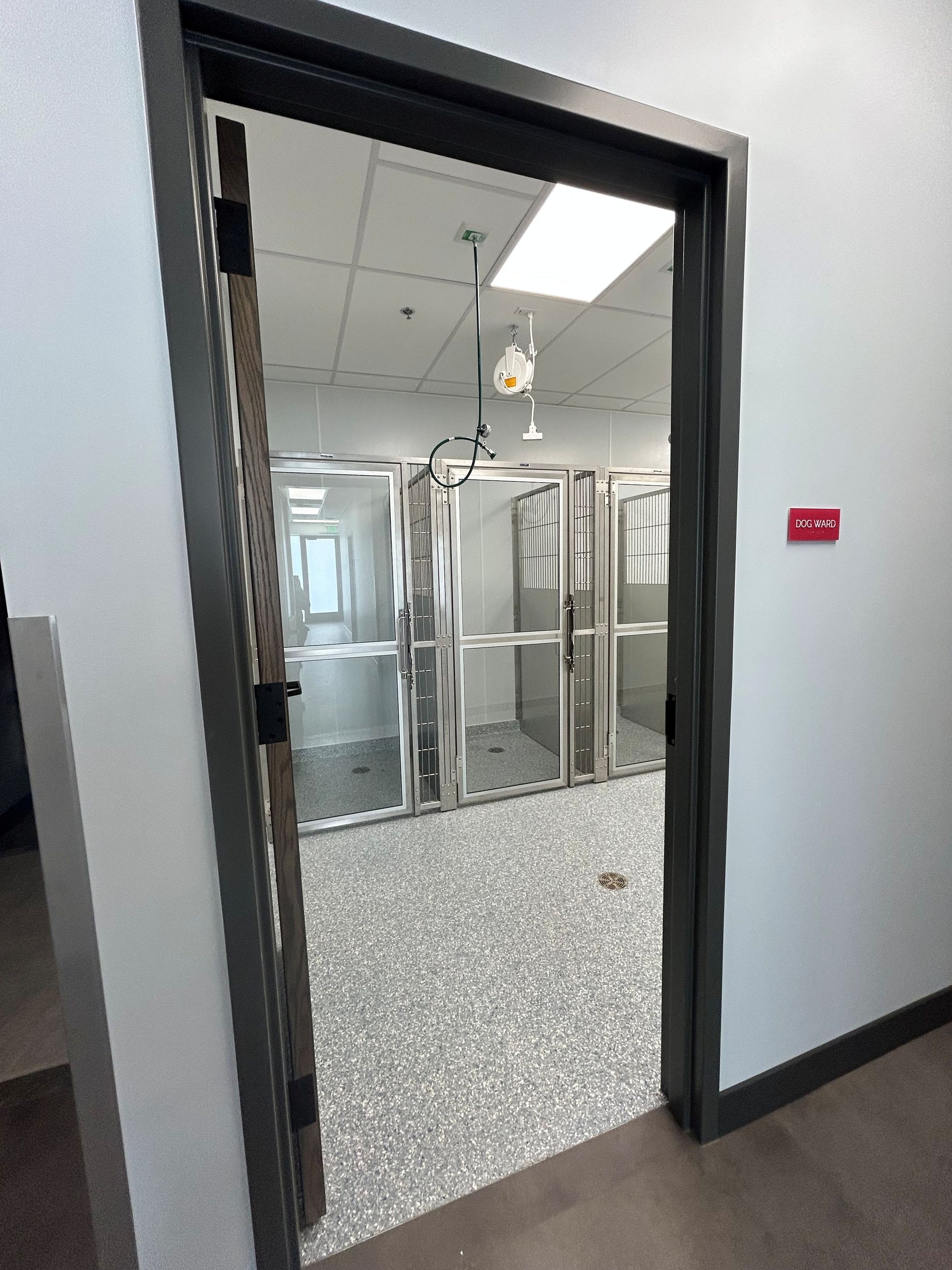 Doorway into a medical facility; inside, glass-walled pet enclosures line the space.