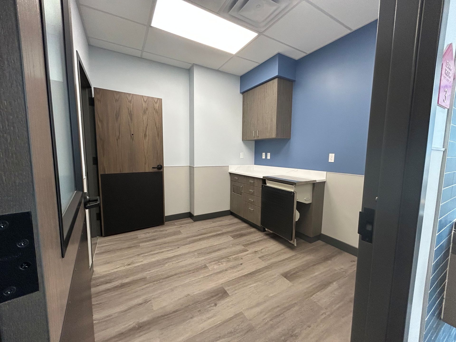 Interior office space, blue and gray walls, wood cabinets, and door.