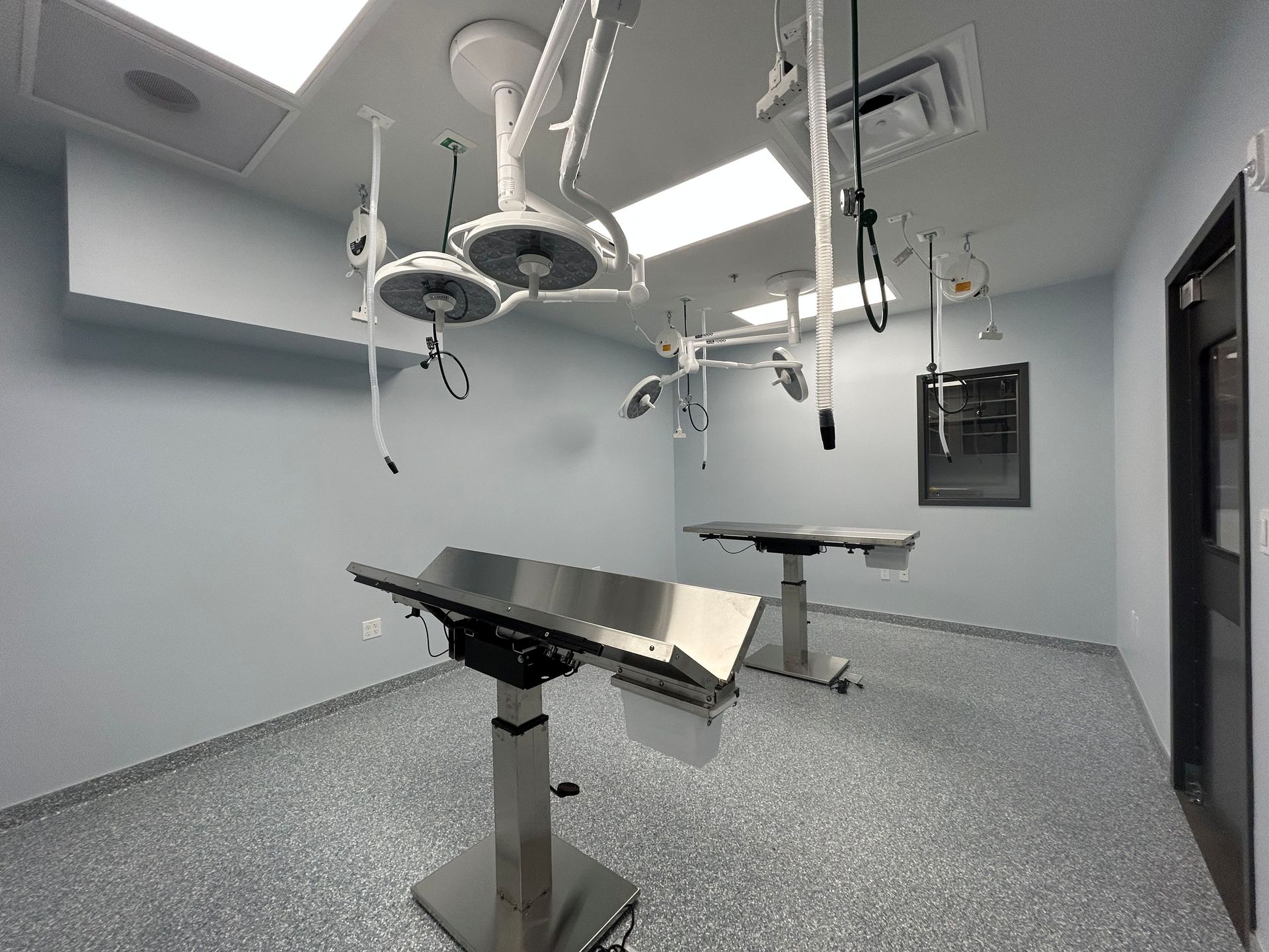 Operating room with two surgical tables, overhead lights, and blue walls.