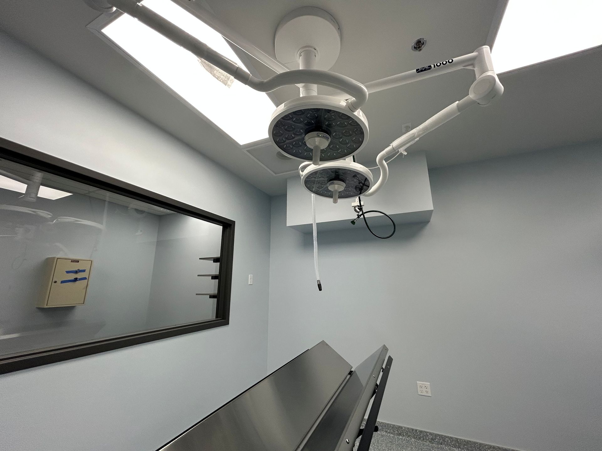 Operating room with surgical lights, stainless steel table, and a viewing window.