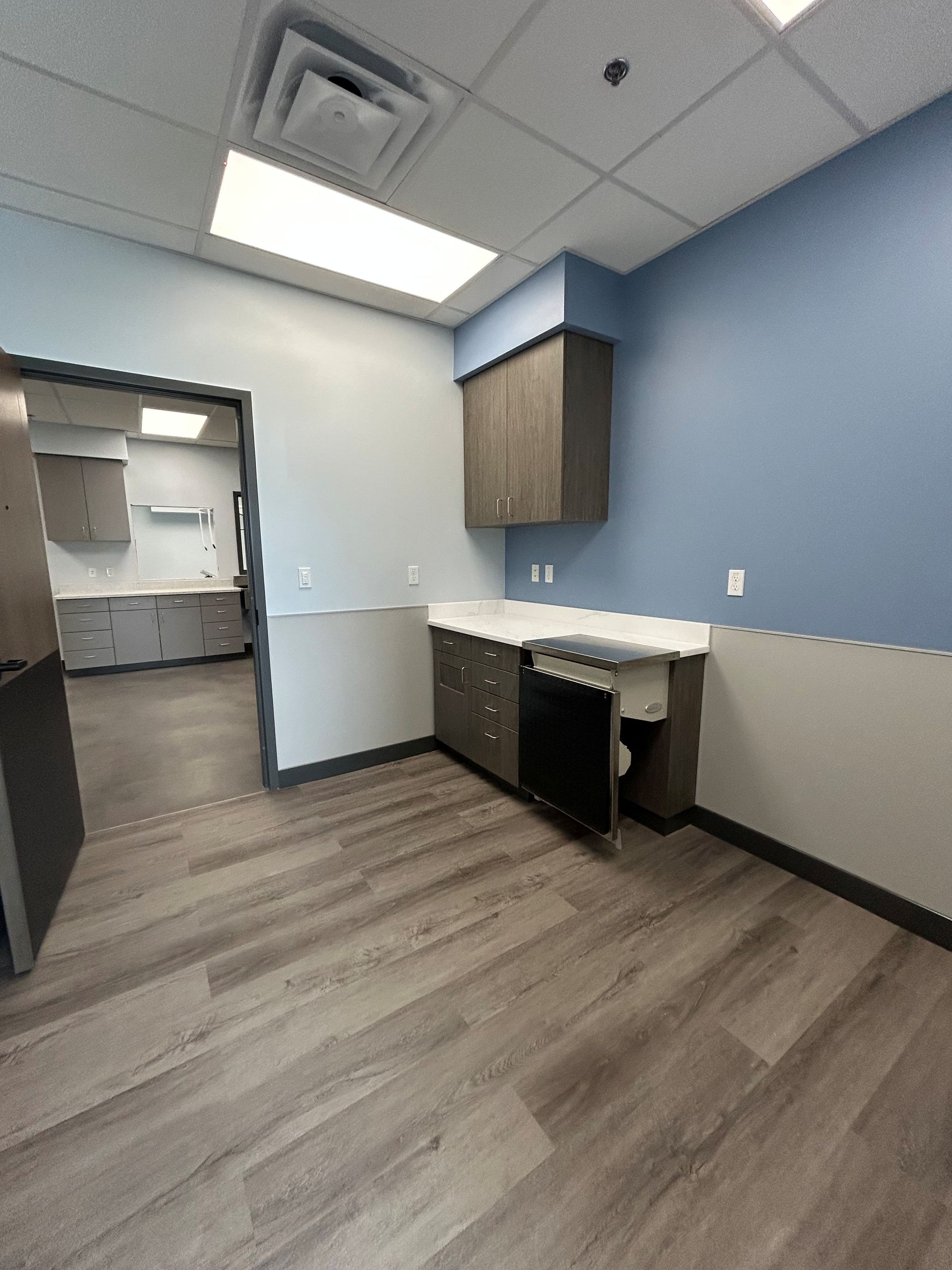Interior with gray cabinets, a sink, and a blue wall. A doorway leads to another room.