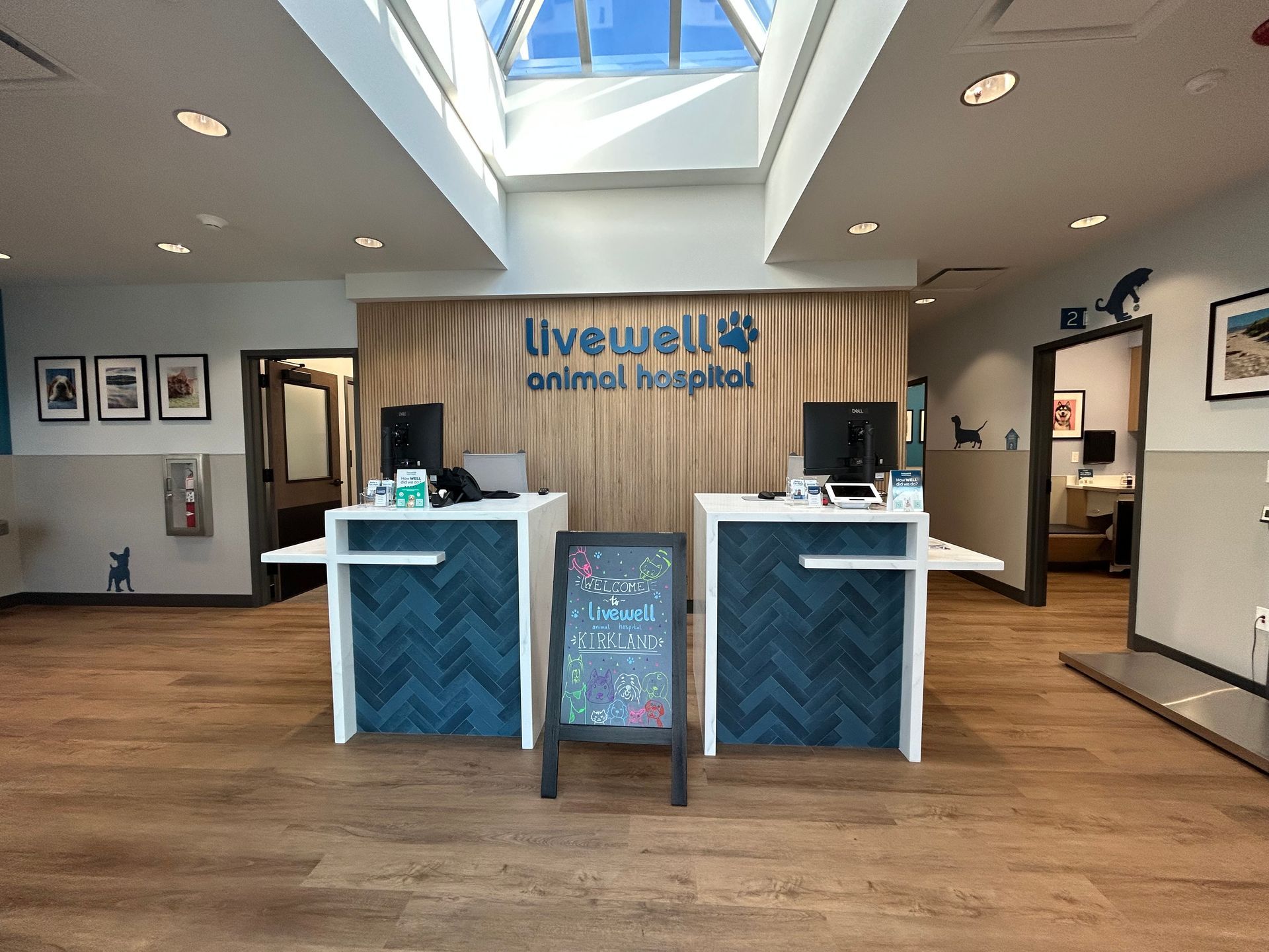 Reception area of Livewell Animal Hospital with teal accents, sign, computers, and skylight.
