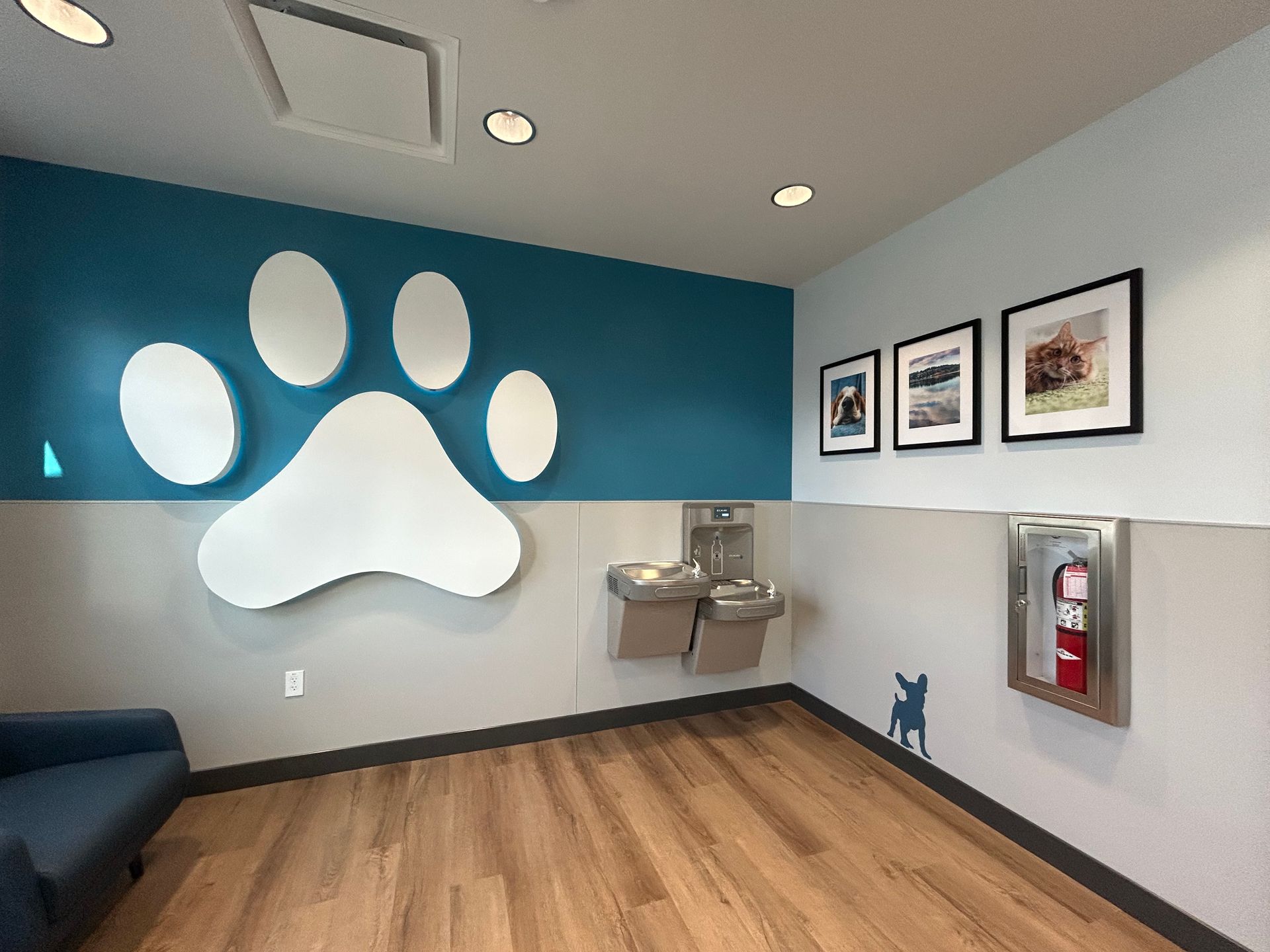 Dog washroom with large paw print, water fountains, and framed artwork.