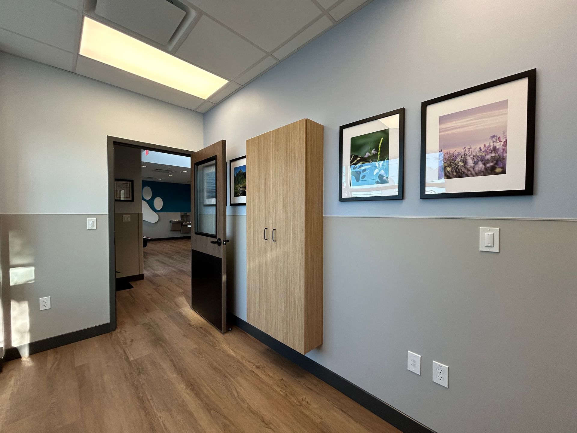 Hallway with wood floor, gray walls, framed photos, and a storage cabinet. A doorway leads to another room.