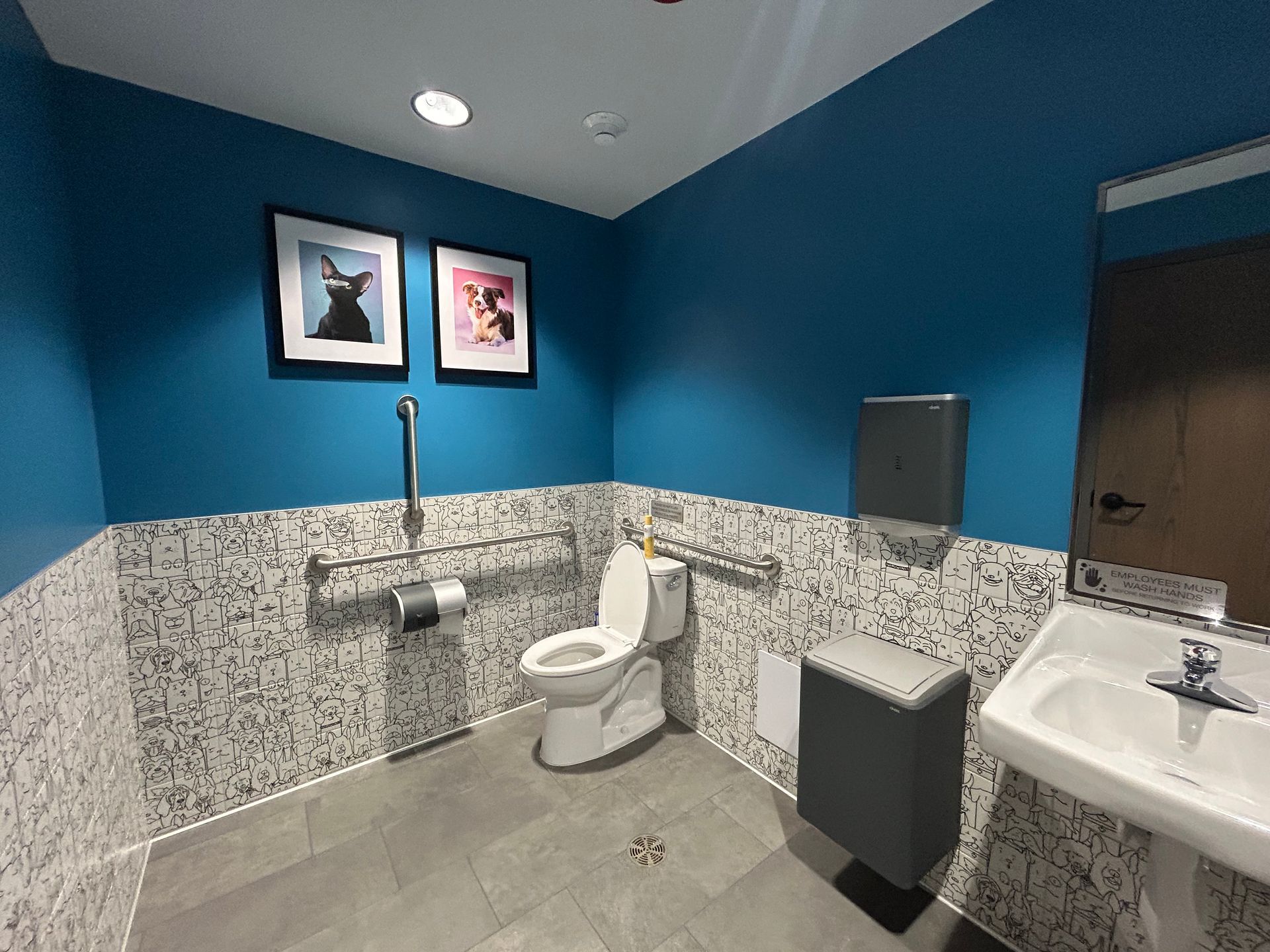 Accessible restroom with blue walls, patterned tile, and grab bars.