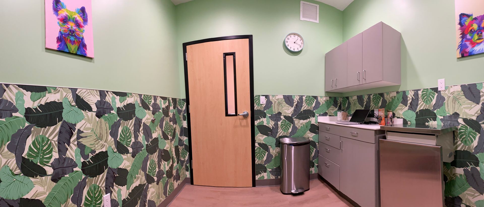 A pet grooming room with leaf print wall, a door, cabinets, and a dog painting.