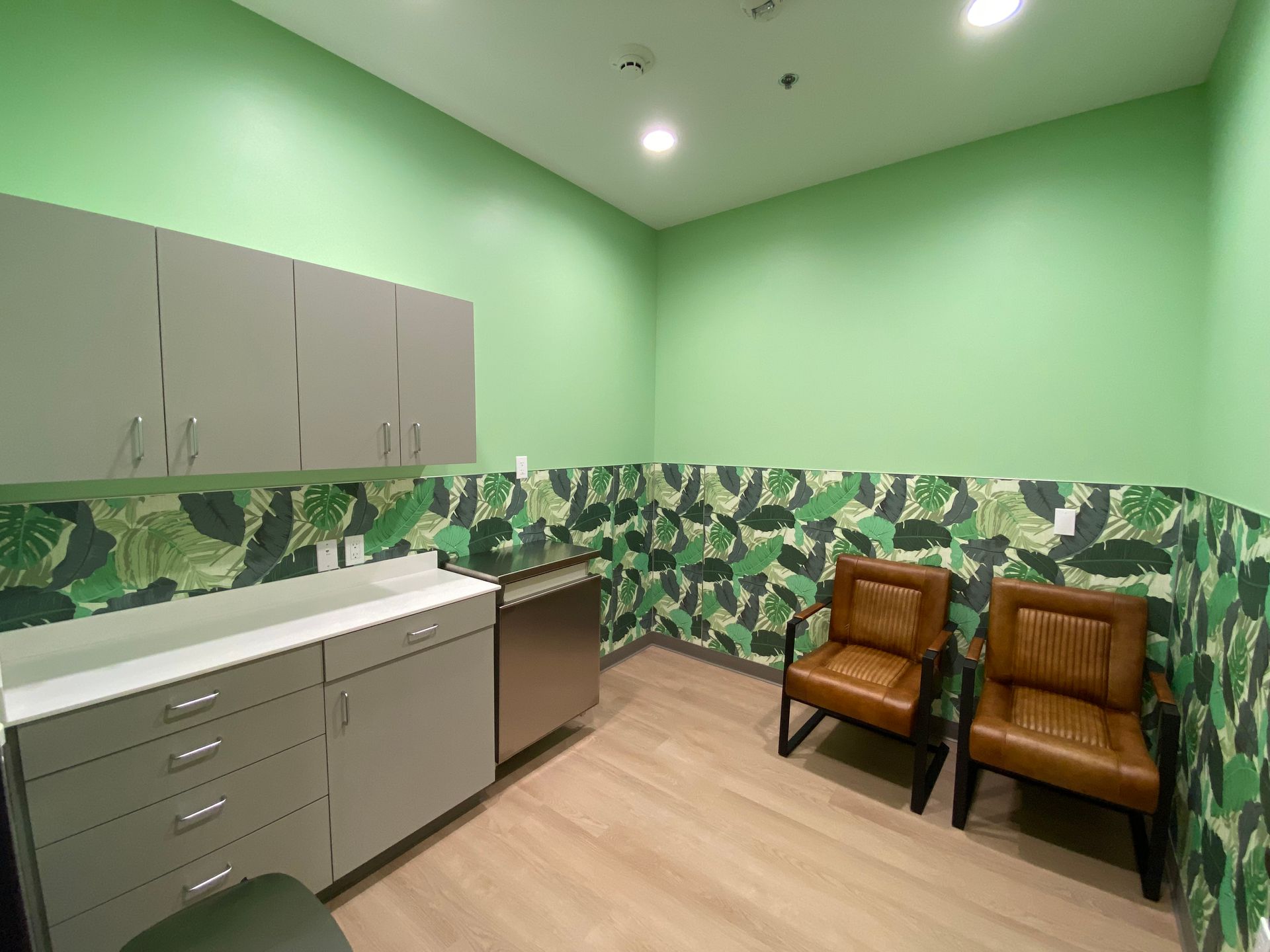 Medical exam room with green walls and leaf wallpaper. Two brown chairs sit near the patterned wall.