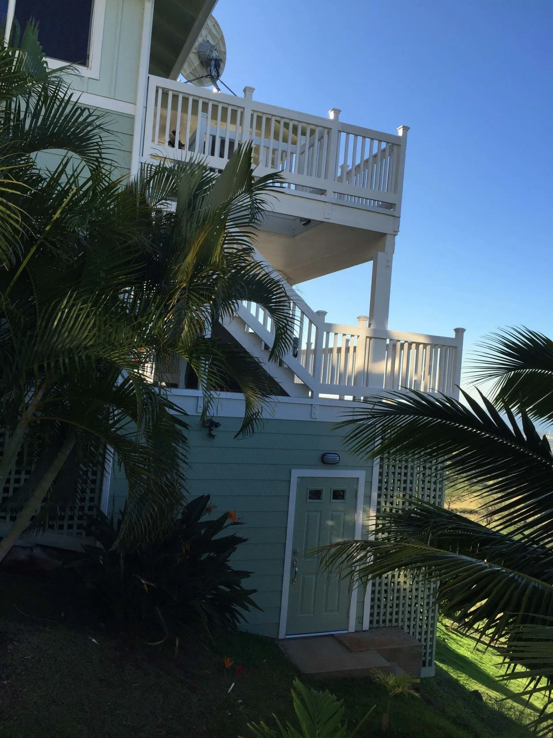Green house with white deck, stairs, and palm trees against a blue sky.