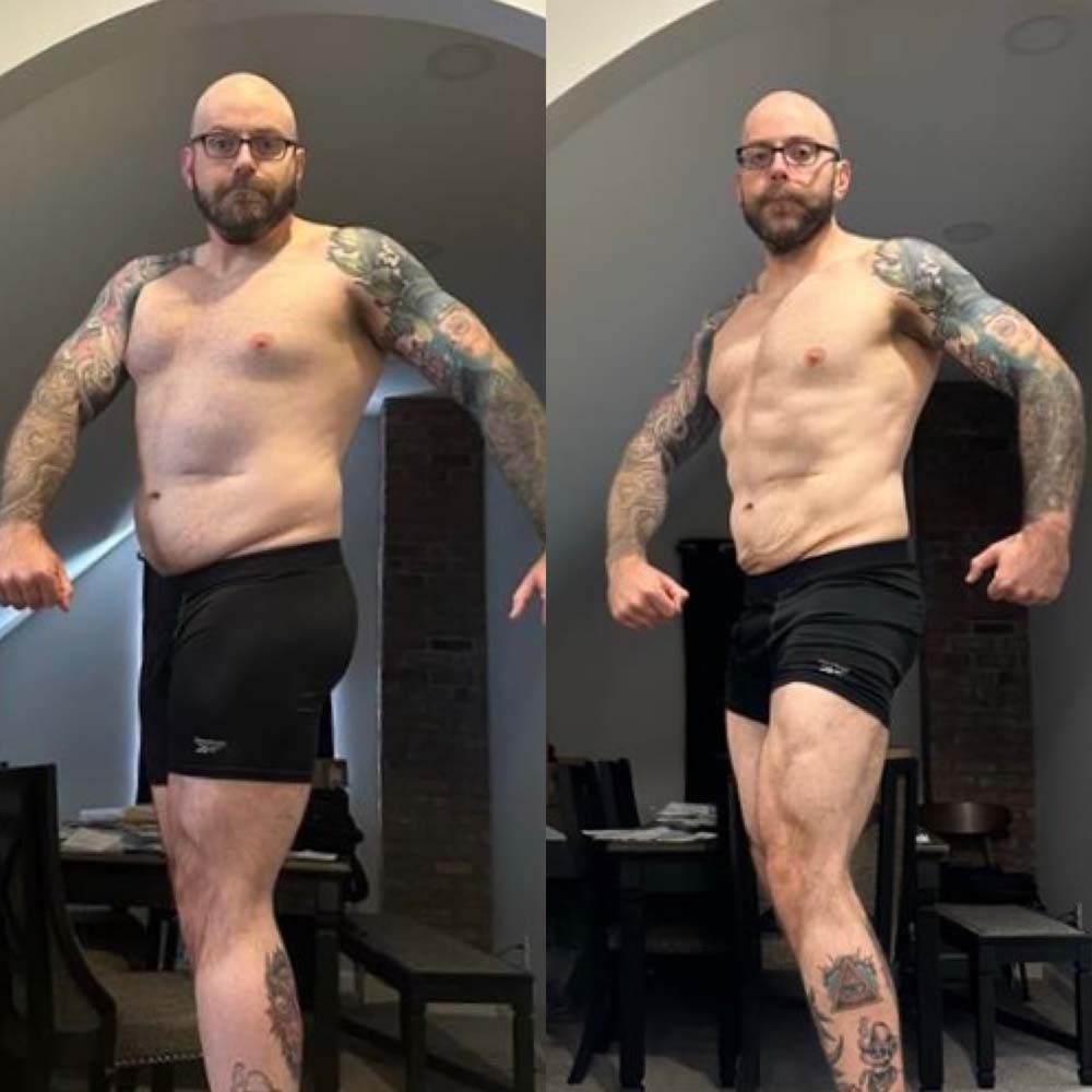A before-and-after picture of a shirtless man with tattoos