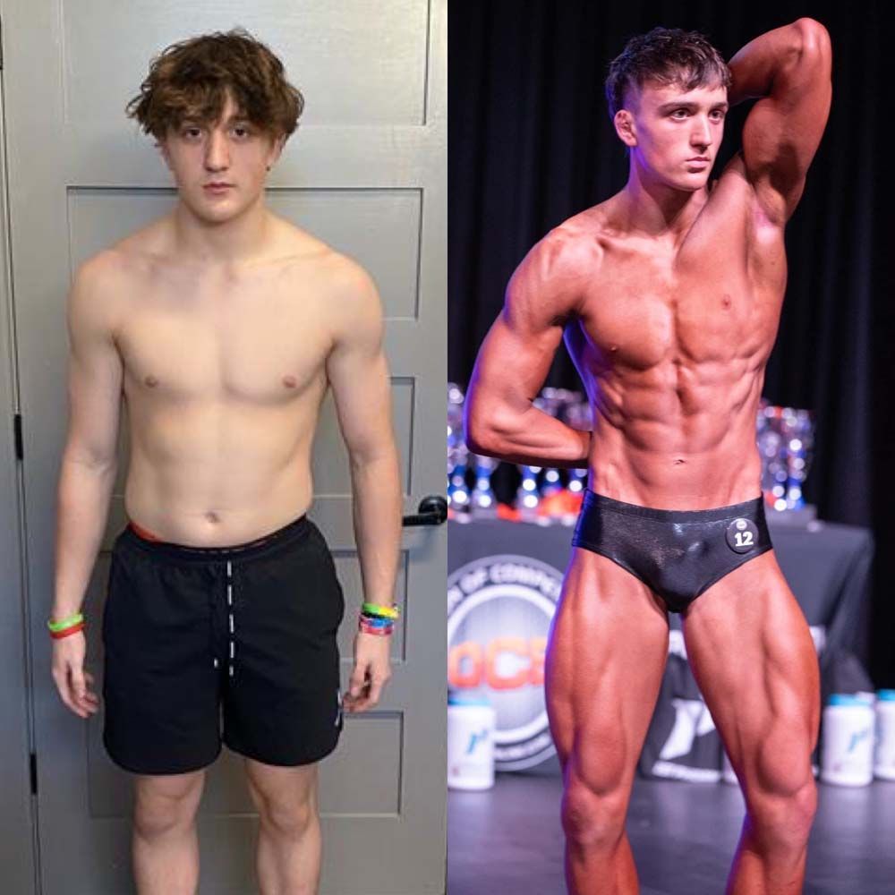 A before and after picture of a shirtless man and a bodybuilder