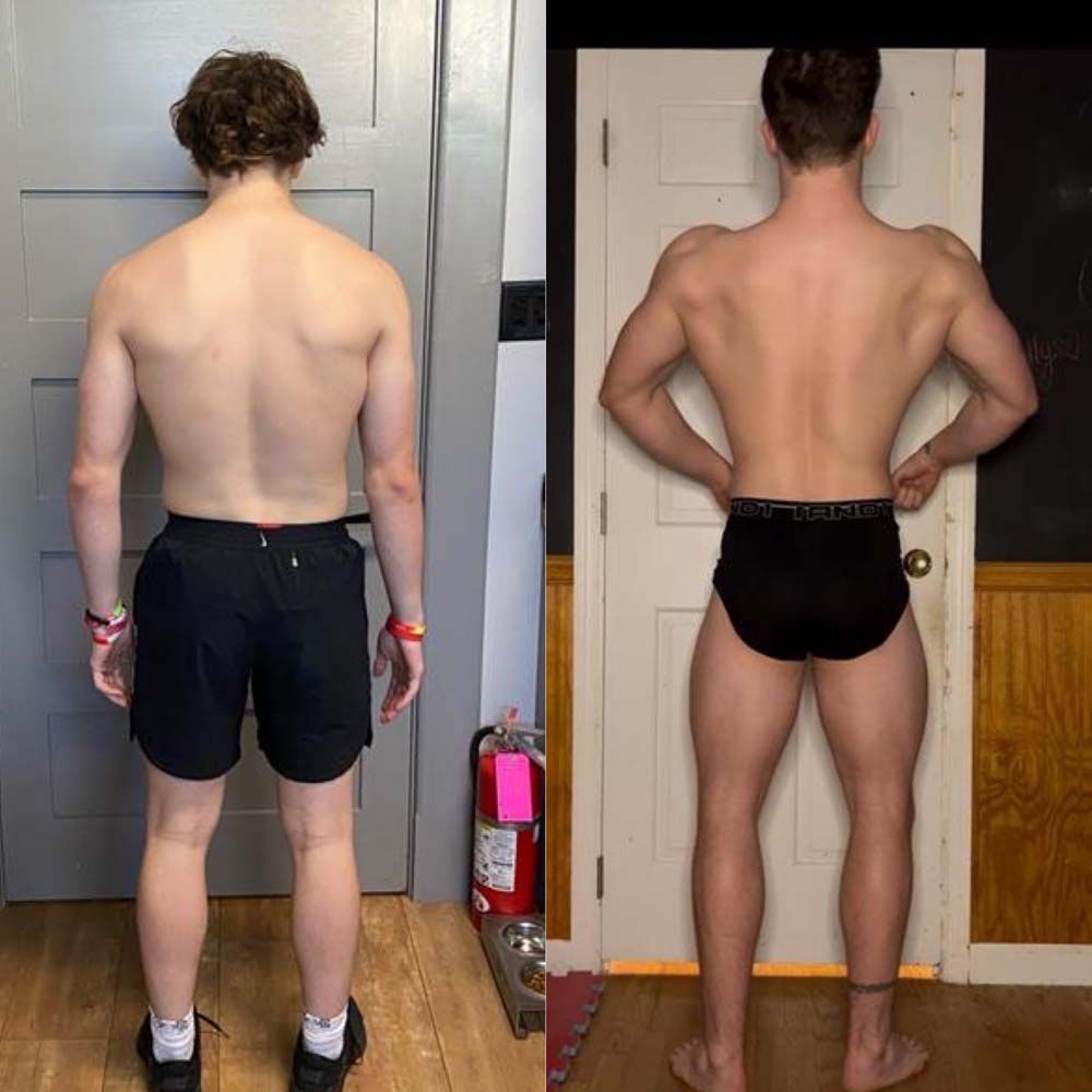 A man without a shirt is standing in front of a door