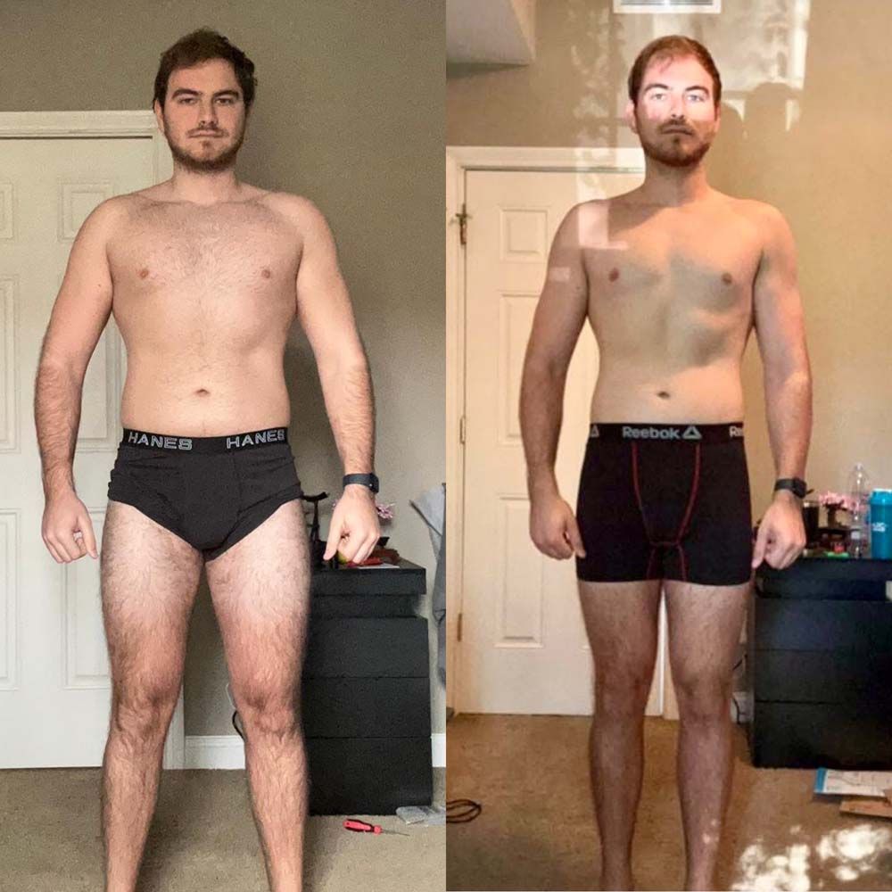 A man without a shirt is standing next to a shirtless man in underwear