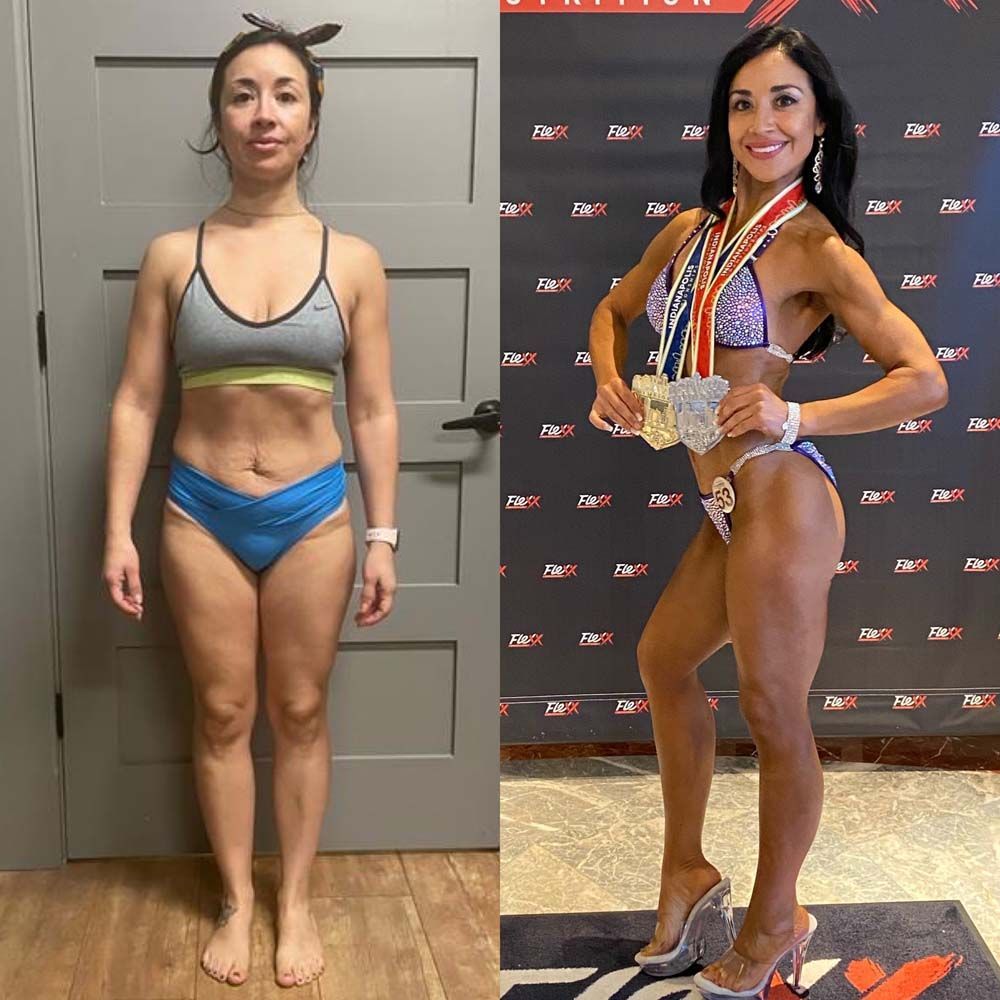 A before and after picture of a woman in a bikini