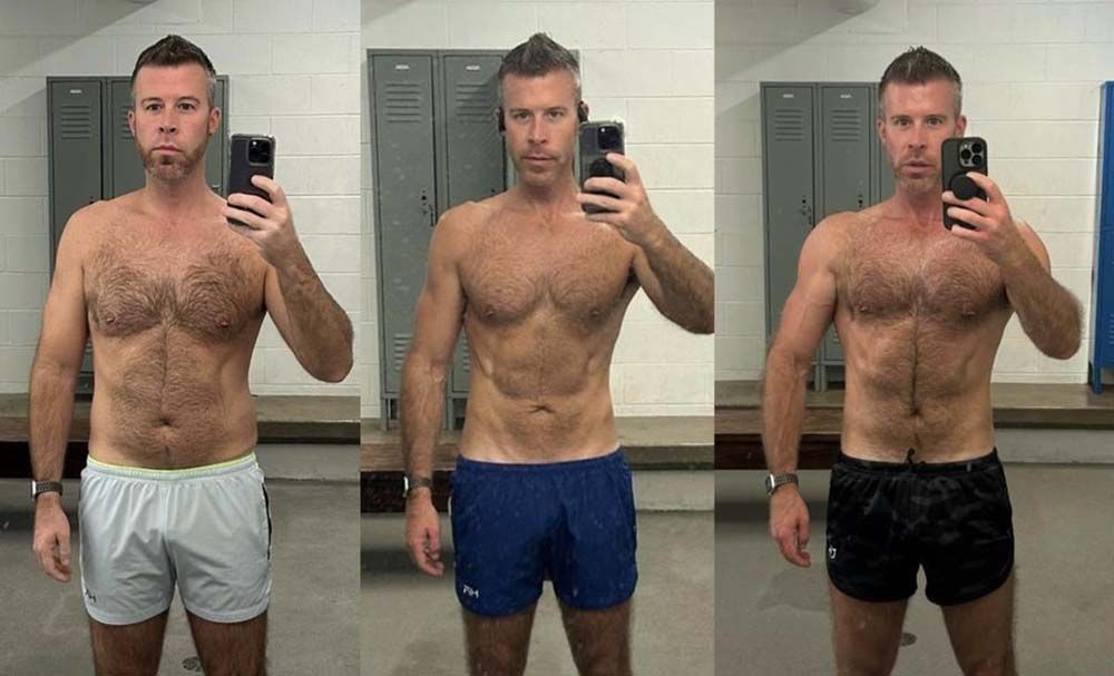 Three pictures of a man taking a selfie in a locker room