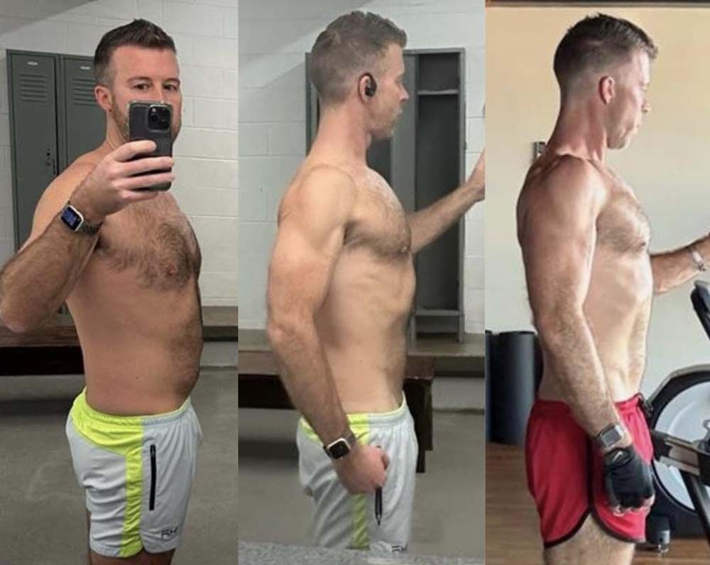 A shirtless man is taking a selfie in a gym