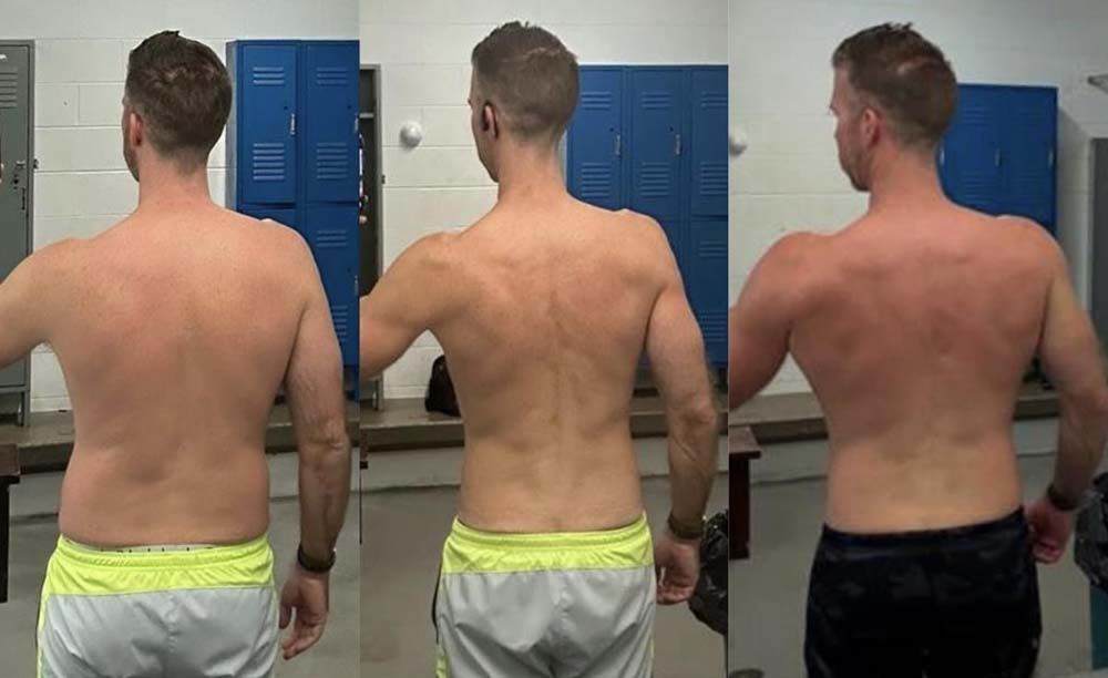 Three pictures of a man 's back in a locker room