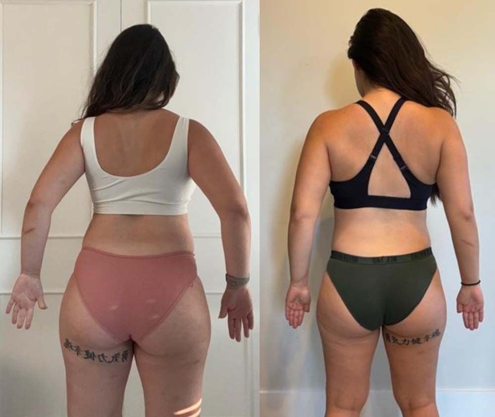 A before-and-after photo of a woman's weight loss.