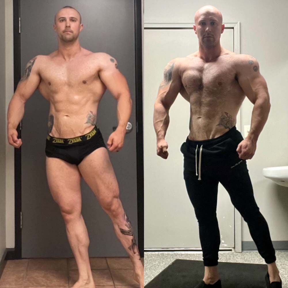 A man without a shirt is standing next to another man with a shirtless body