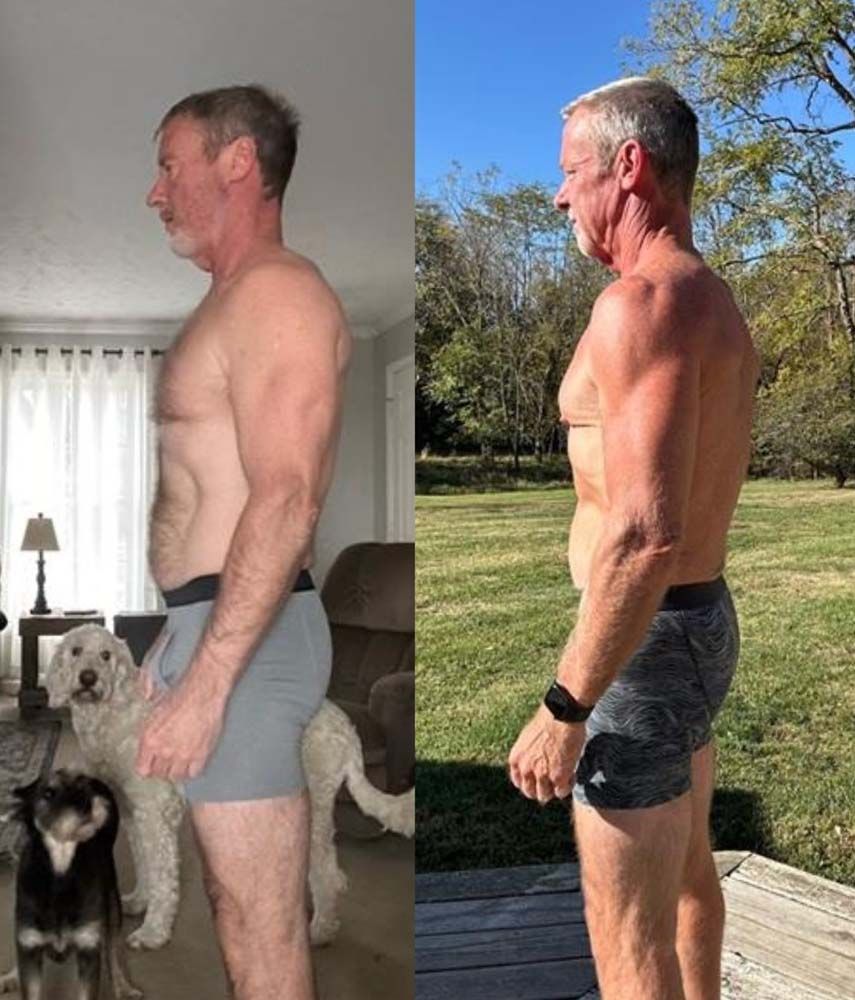 A man without a shirt is standing next to a dog in a living room and next to a dog in a field