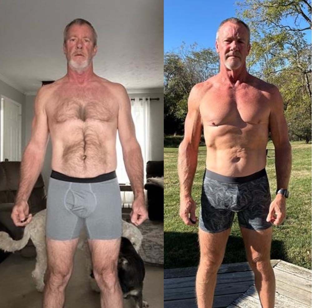 A man without a shirt is standing next to another man in underwear