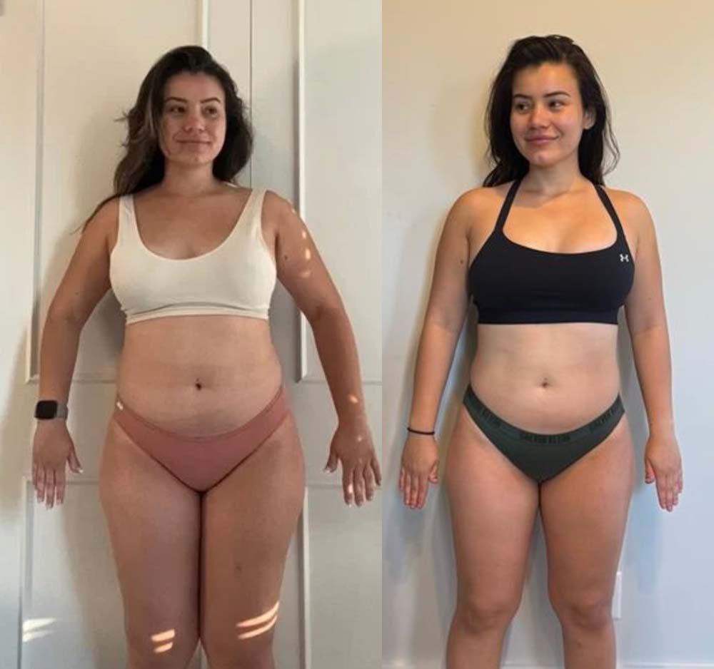 Two women in bikinis are standing next to each other