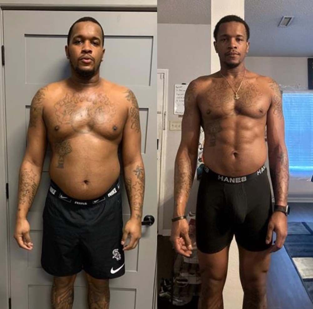 Two men are standing next to each other in front of a door