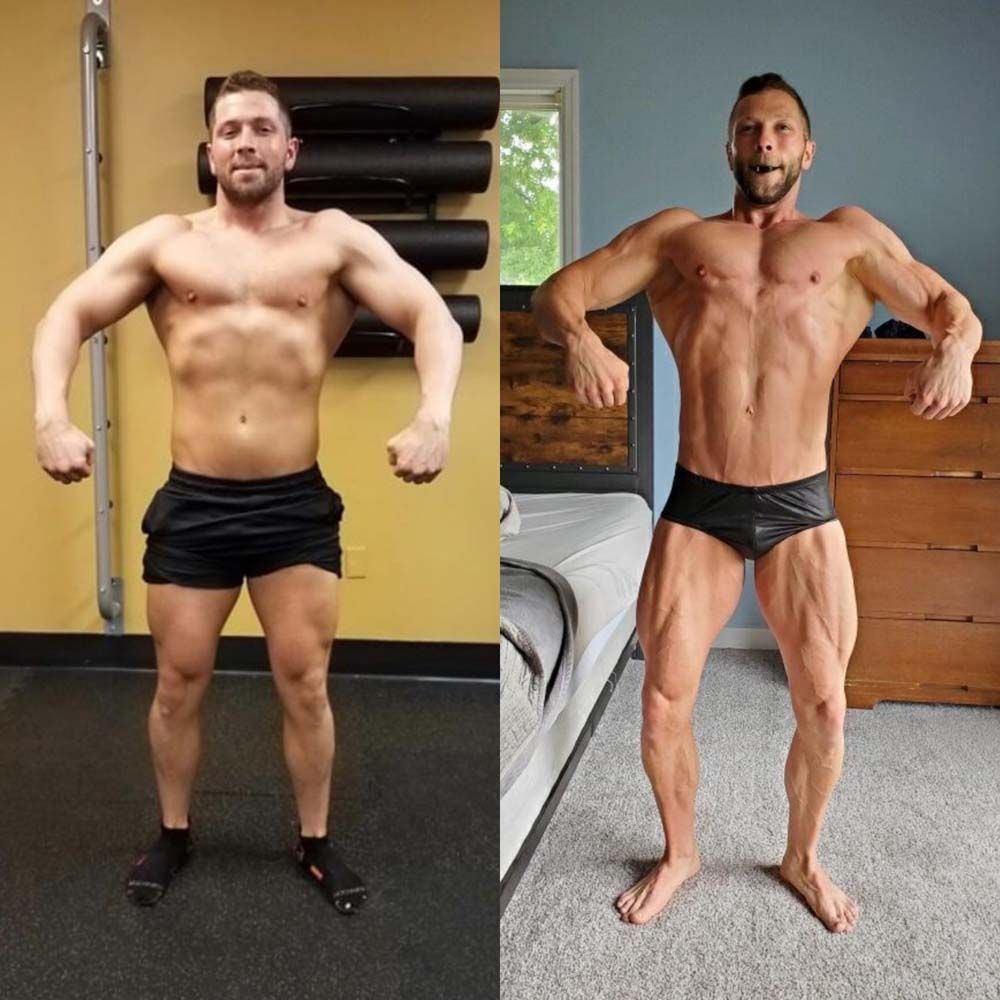 Two men are standing next to each other in a gym and in a bedroom