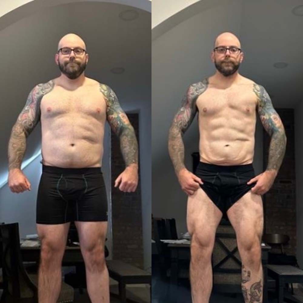 Two pictures of a shirtless man with tattoos standing next to each other