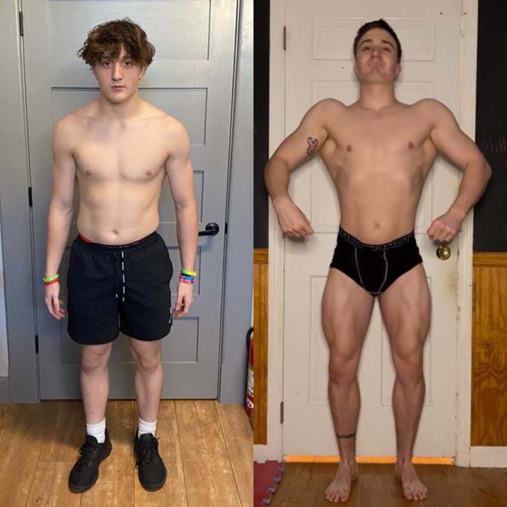 A shirtless man and a shirtless man in underwear are standing next to each other in front of a door